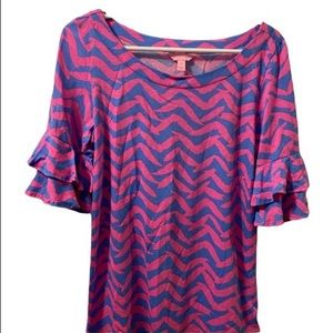 Lilly Pulitzer Pink & Blue Lula Bell Ruffle Sleeve Chevron Blouse Size Medium